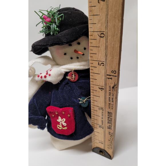 Snowman Frosty Dark Blue Velvet Coat Black Hat Weighted Bottom 6 1/2 in tall - Picture 7 of 7